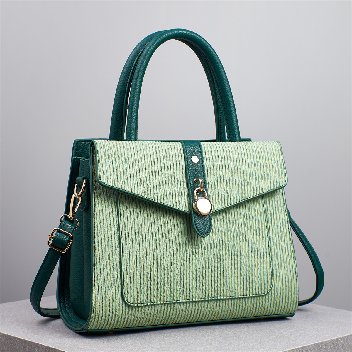 Textured Leather Satchel Crossbody Handbag with Gold Hardware